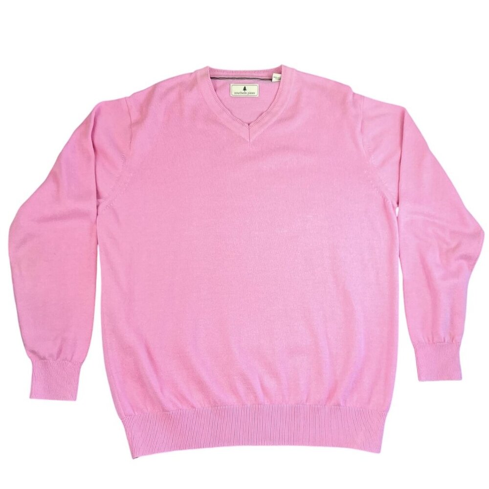 Southern Pines Mens Large Sweater Pink V Neck 100% Cotton Pullover Knit Casual